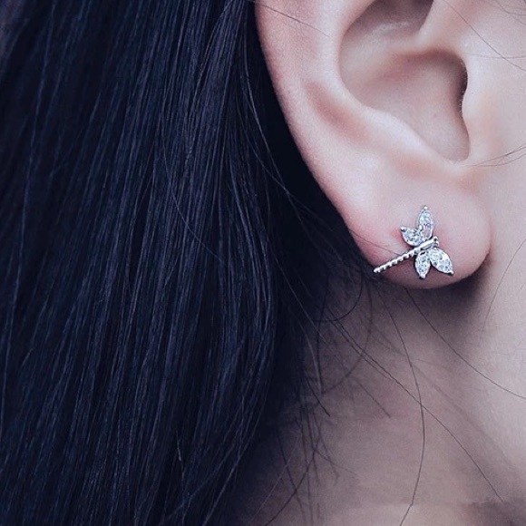 925 Sterling Silver CZ Dragonfly Stud Earrings - Picture 2 of 4